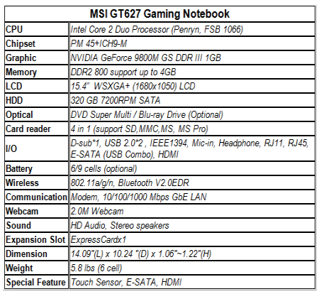 MSI Announces New GT627 Gaming Notebook Featuring NVIDIA GeForce 9800M GS